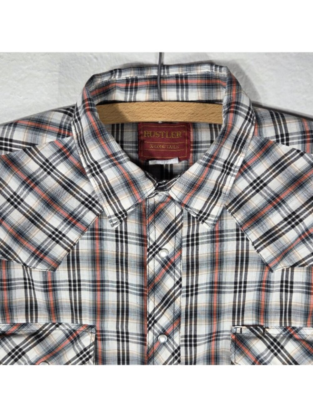 Vtg Rustler Pearl Snap Western Plaid Shirt X-Long Tails L Red Black Long Sleeve - Picture 4 of 15